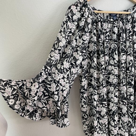 Chaps Womens Plus 2X Black White Boho Floral Ruffle Sleeve Blouse Shirt - Picture 9 of 11